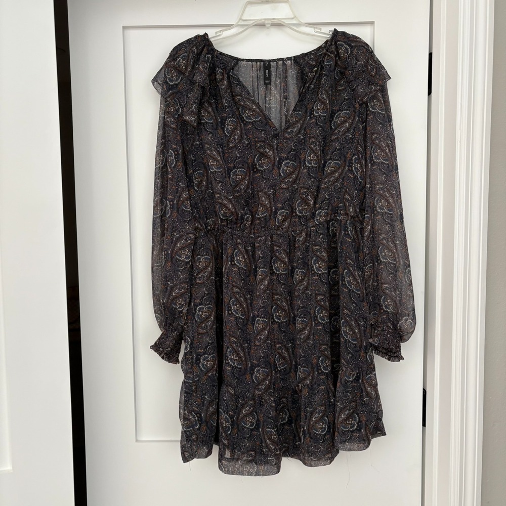 MNG Womens Blue Paisley Balloon Sleeve Ruffle Chiffon A-Line Boho Dress Size 8